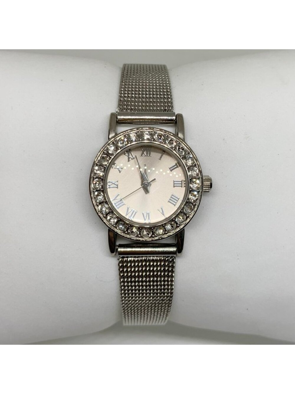 Women’s silver tone watch rhinestones 23mm quartz adjustable mesh band running